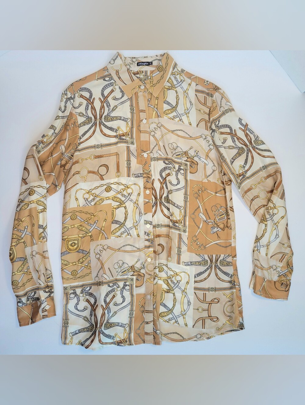 J. Mclaughlin Equestrian Silk Blend Blouse Size M Button-Up Gold Bridles Print